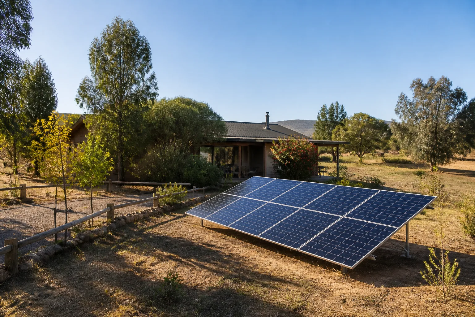 Parcela de la zona central con vivienda rural y paneles solares instalados en el terreno